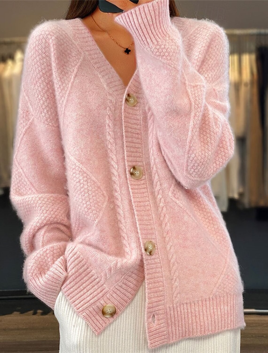 Women V Neck Cable Knit Cardig - Down Jacket Packable incelemesi ve fiyatı