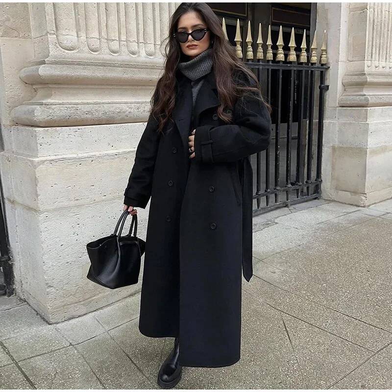 Elegant Grey Belt Long Faux Wo - Wool Coat Peacoat incelemesi ve fiyatı